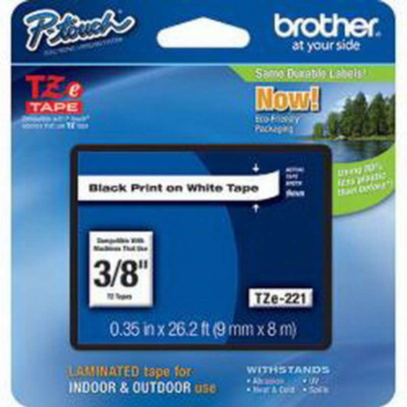 Brother® TZE-221 Laminated Label Tape, 3/8" x 26.2 Ft., Black on White for P-Touch® Labelers
